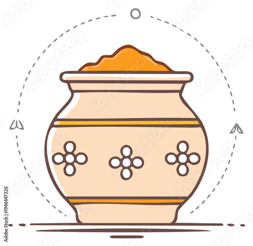 Ornamental earthen pot with golden turmeric powder, traditional ethnic art style illustration
