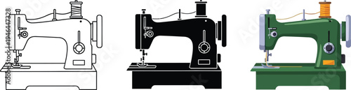 Set of vintage sewing machines in outline solid and colored styles perfect for craft fashion or textile industry designs