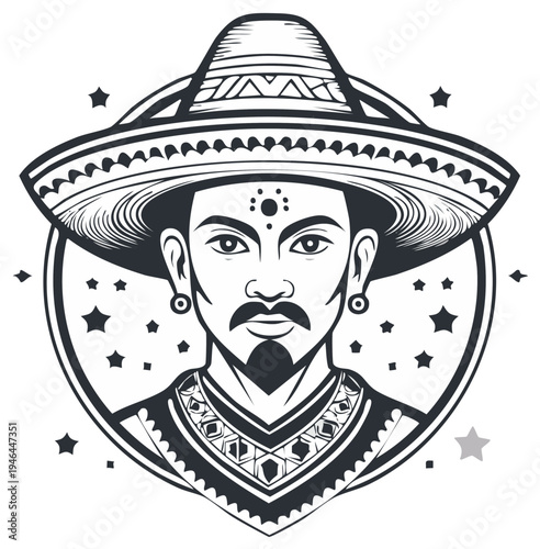 Man Wearing Traditional Sombrero and Ornate Necklace with Facial Markings and Stars