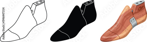 Set of shoe lasts in various styles including outline silhouette and realistic wood perfect for shoemaking and footwear design concepts