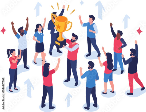 Joyful organization celebrating major victory with large gold trophy award