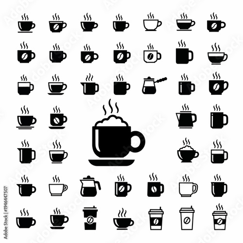 Collection of hot steaming coffee cups and mugs icons, various styles and designs representing beverages, cafe and morning drinks