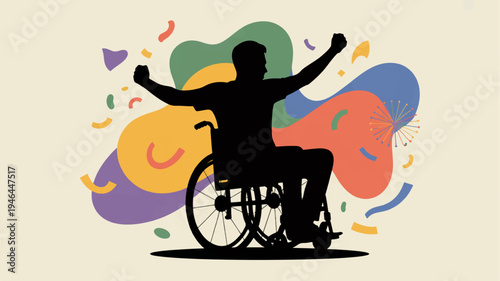 Disabled person in wheelchair celebrating with arms raised in colorful abstract background
