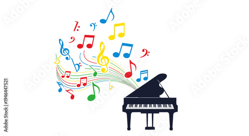 Piano with colorful music notes flying.