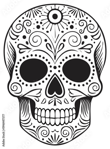 Intricate Black and White Sugar Skull Illustration with Floral and Sun Designs