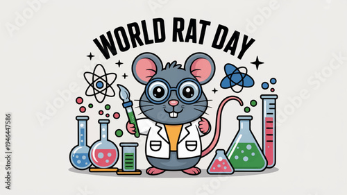 Curious lab rat in white coat with science equipment on world rat day celebrating scientific discovery and curiosity