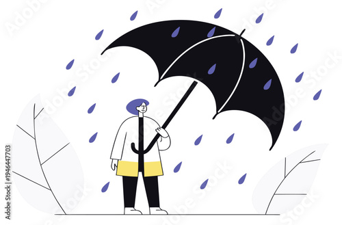 Modern flat vector illustration: Person stays dry under a black umbrella in purple rain.