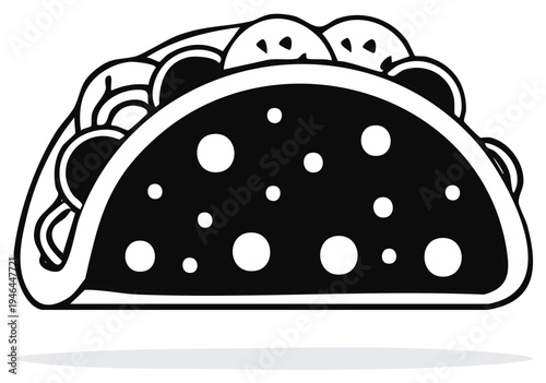 Black and white illustration of a delicious taco with toppings