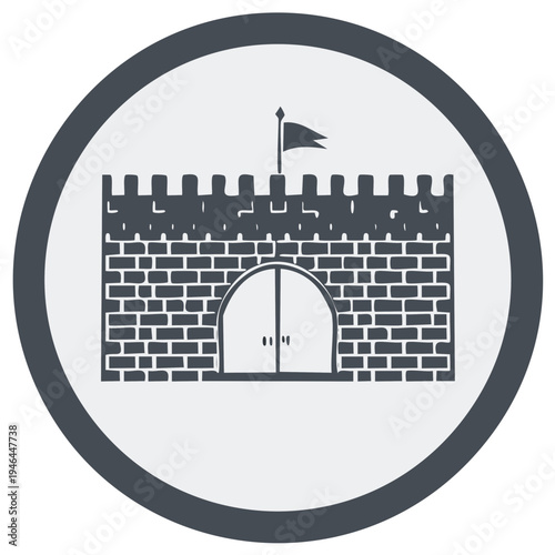 Vector illustration of a grey stone castle facade with battlements and a flag
