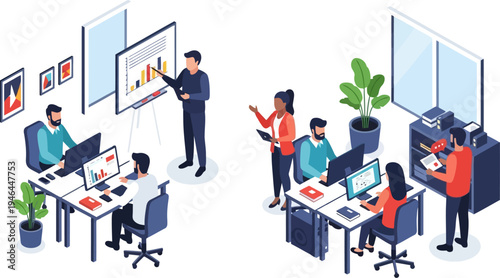 Modern coworking space layout featuring presentation area and workstations