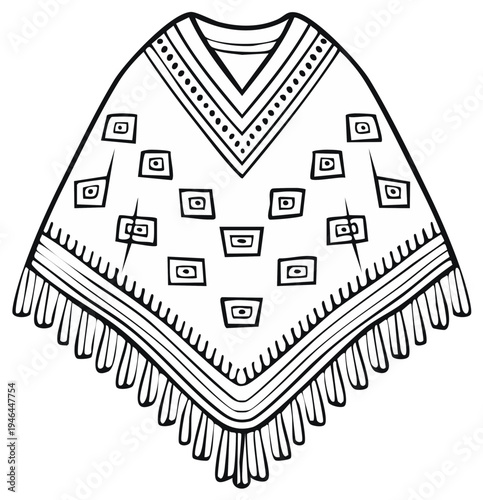 Poncho outline drawing of Mexican textile cloak with patterns and fringes on white backdrop.
