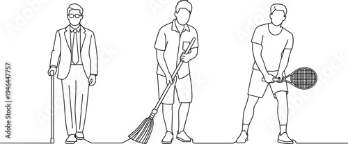 Set of three male characters showing different professions including businessman with cane, janitor with broom, and tennis player, minimal outline vector illustration concept