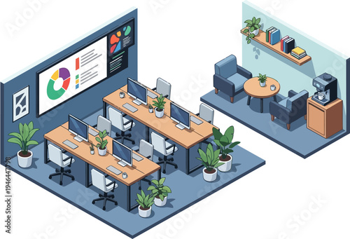 Modern isometric office workspace with workstations and a lounge area