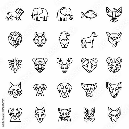 Collection of Geometric Animal Icons Featuring Lions Elephants Eagles Fish and Various Mammals and Birds