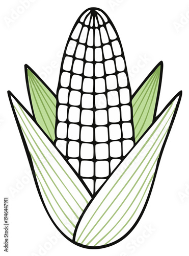 Stylized Corn Ear with Green Husks and Grid Pattern