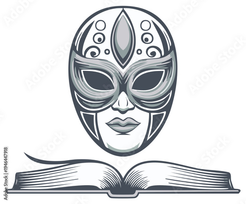 Elegant masquerade mask and open book illustration symbolizing knowledge and secrecy
