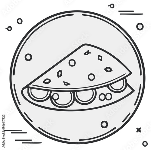 Simple Outline Drawing of a Folded Tortilla Filled with Ingredients in a Circle