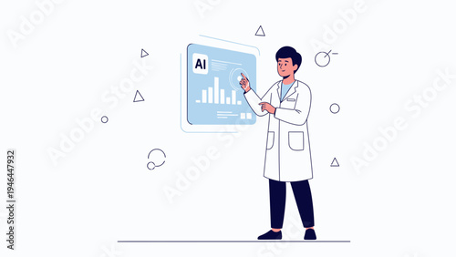 Scientist interacting with AI interface showing data analysis and charts