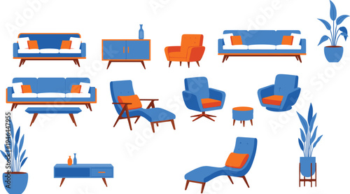 modern living room furniture set, colorful sofa chairs tables plants collection, flat interior design elements, contemporary home decor illustration