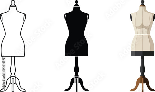 Set of dressmakers mannequins in various styles including outline silhouette and realistic designs perfect for fashion tailoring and retail concepts