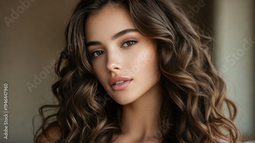 Elegant young caucasian female with wavy hair and soft makeup.