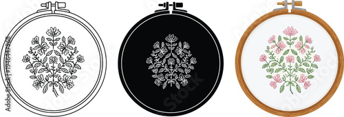 Set of vector embroidery hoops featuring a symmetrical floral cross-stitch pattern available in outline and colored versions ideal for craft projects and textile design