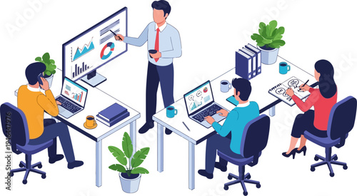 Professional manager presenting data analytics to office staff