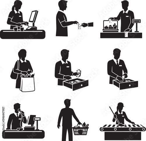 Set of 9 retail icons vector, black and white