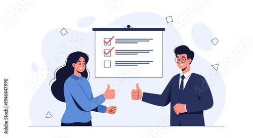 Teamwork success: colleagues give thumbs up near checklist on presentation board