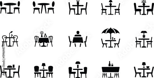 Restaurant Cafe Table and Chair Icon Set, Dining Furniture Silhouette Collection with Outdoor Umbrella Tables, Romantic Dinner Seating and Bistro Restaurant Interior Symbols