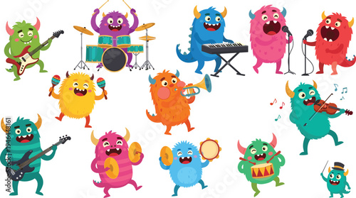 Musical Monsters Icon Set with Monsters Playing Guitar, Drums, Trumpet, Violin, and More in a Fun Band
