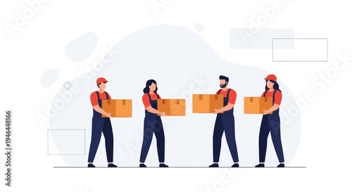 Delivery Team Carrying Boxes, Moving Service, Logistics, Teamwork, Flat Illustration