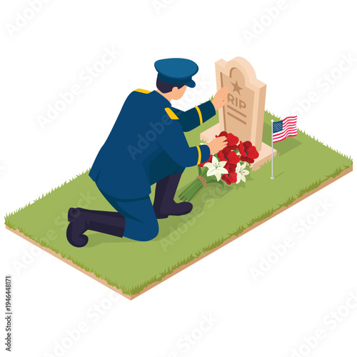 Memorial Day Isometric Illustration. Vector illustration of Soldier kneeling beside a gravestone placing flowers as a tribute to fallen heroes during Memorial Day remembrance. Isolated on background