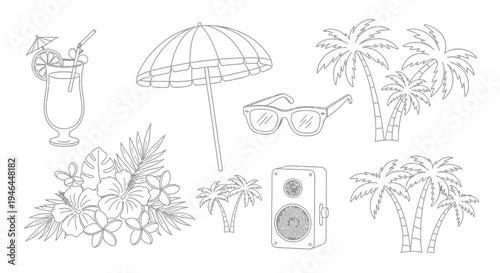 Set of 9 beach icons vector, line art