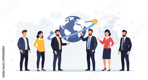 Diverse business team discussing global strategy with earth graphic