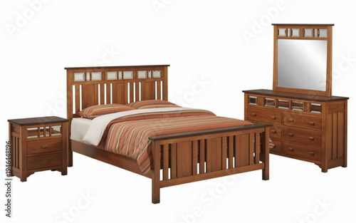 Brown wooden bedroom furniture set with bed nightstand dresser and mirror on white background