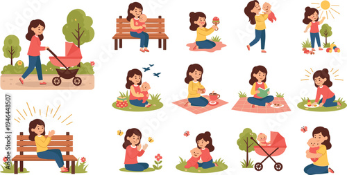 Mother and Baby Outdoor Icon Set with Relaxing, Walking, Playing, and Enjoying Nature Moments