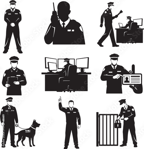 Set of 9 police officers and security guards vector icons