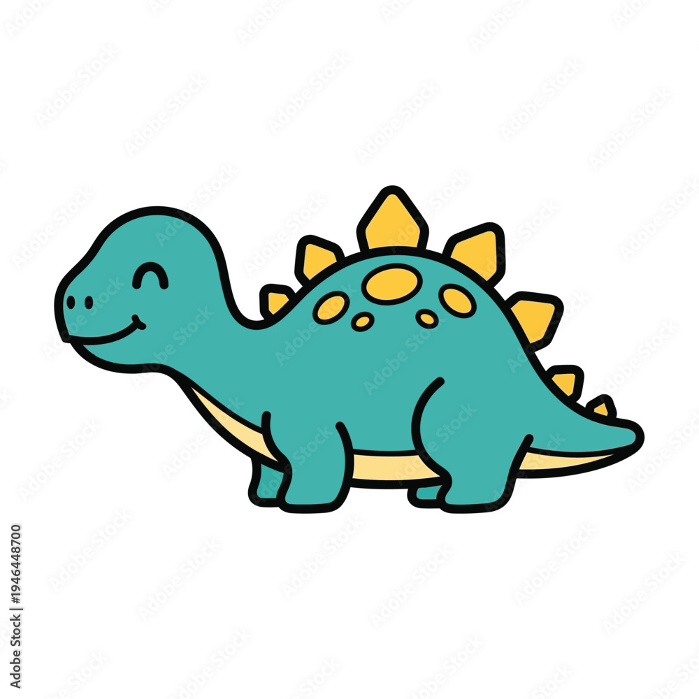 Naklejka premium Adorable turquoise Stegosaurus dinosaur with yellow plates, cute cartoon style, smiling, playful, isolated on white background, perfect for children's themes and educational materials.