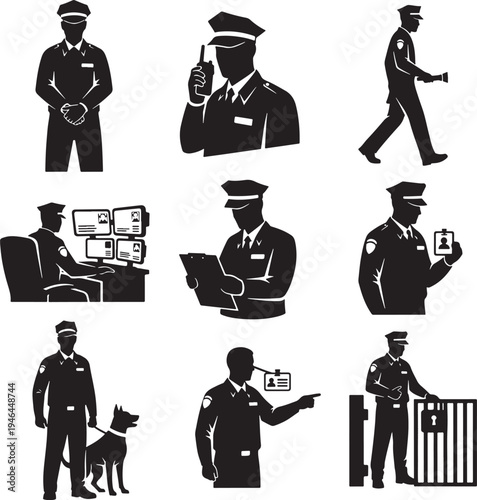 Set of 9 police officers and security guards icons vector