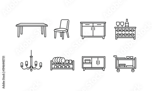 Dining Room Furniture and Accessories Icons Line Drawing Vector