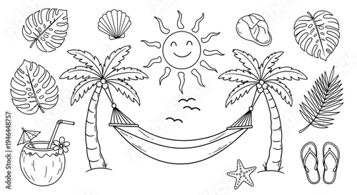 Set of 18 tropical icons vector, beach and summer symbols
