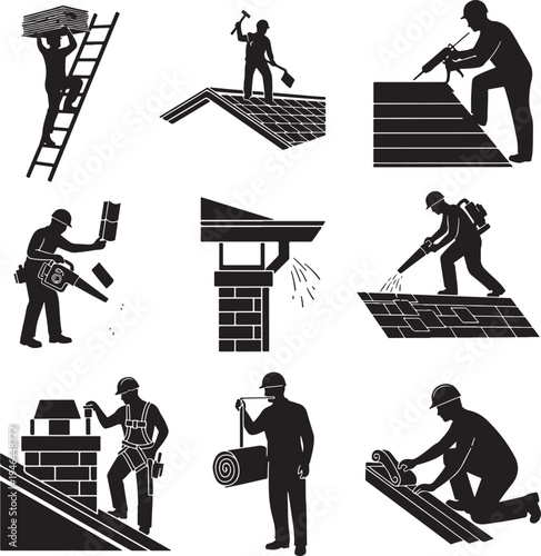 Set of 9 black silhouette roof construction icons vector