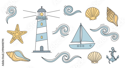 Set of 10 nautical icons vector, sea, ocean, beach