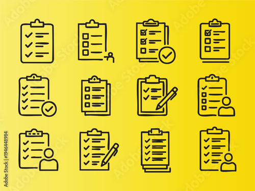Handdrawn checklist and clipboard icons set for organization tasks