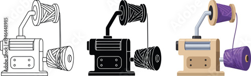 Vintage thread winder machine illustration showing outline silhouette and colored versions essential for textile and sewing projects