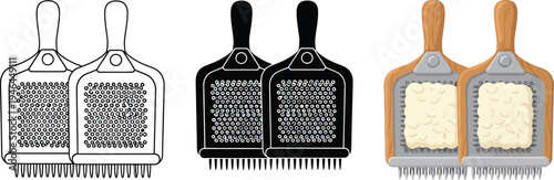 Set of traditional hand carders in outline glyph and color vector styles essential tools for wool and fiber preparation