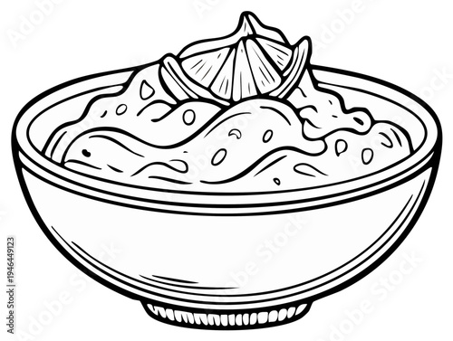 Bowl of guacamole with lime wedge. Outline drawing of the food.