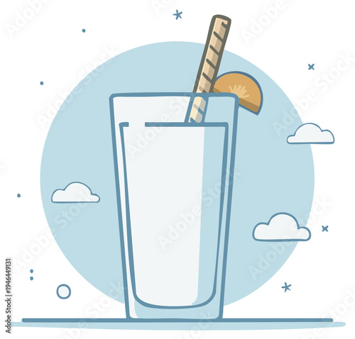 Refreshing beverage in a tall glass with straw and fruit garnish, cartoon illustration