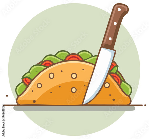 Taco with lettuce and tomatoes served on a plate sliced by a knife cartoon illustration